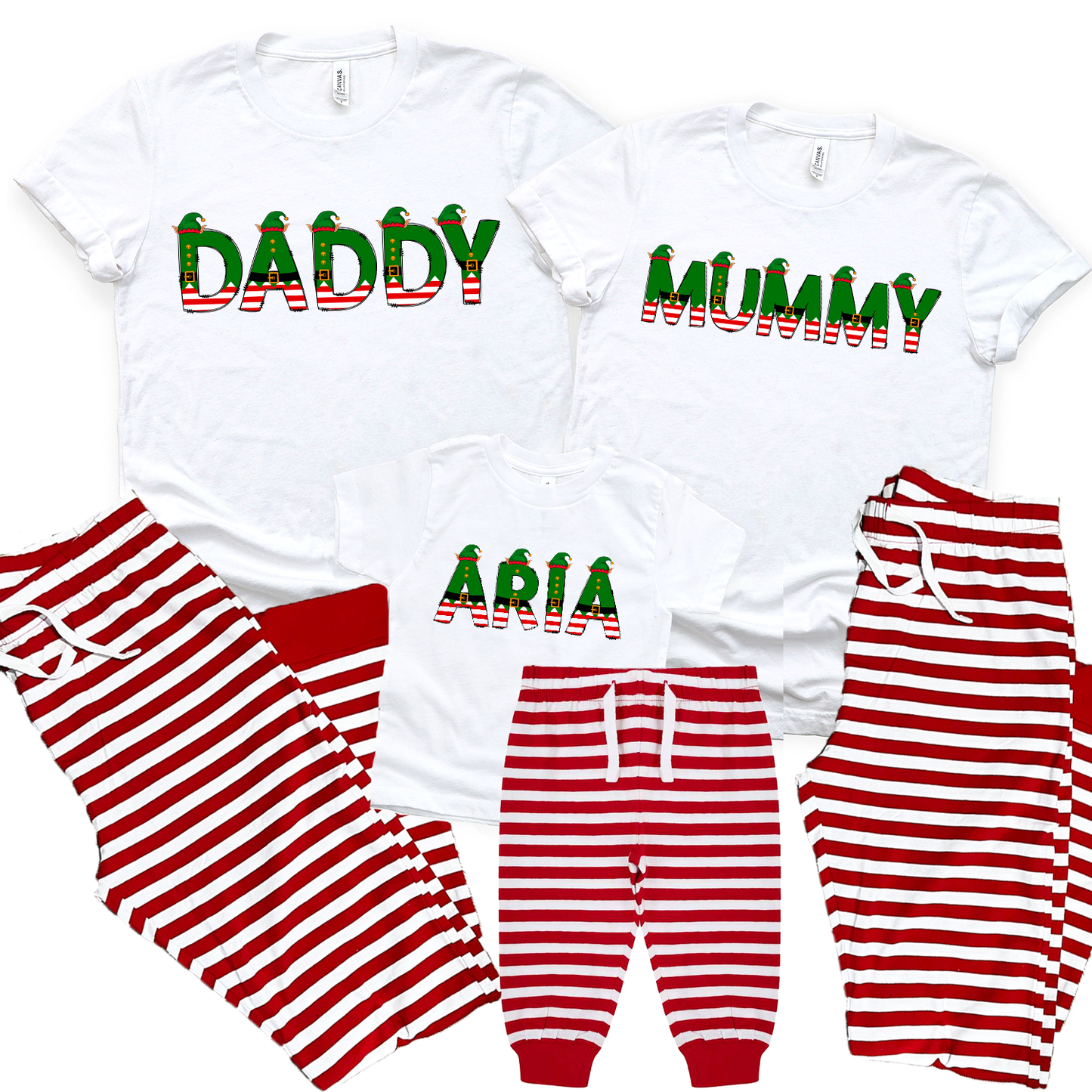 Personalised Elf Name Red Striped Family Matching PJs