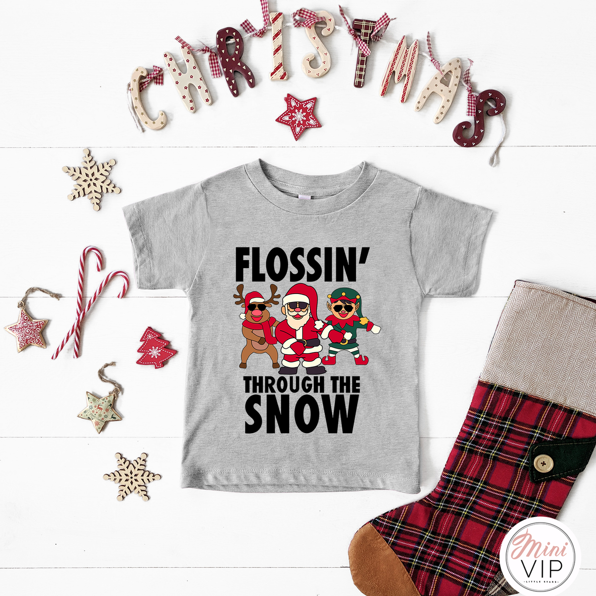 Flossin&#39; through the snow grey festive t-shirt Flossing Santa Elf Rudolph
