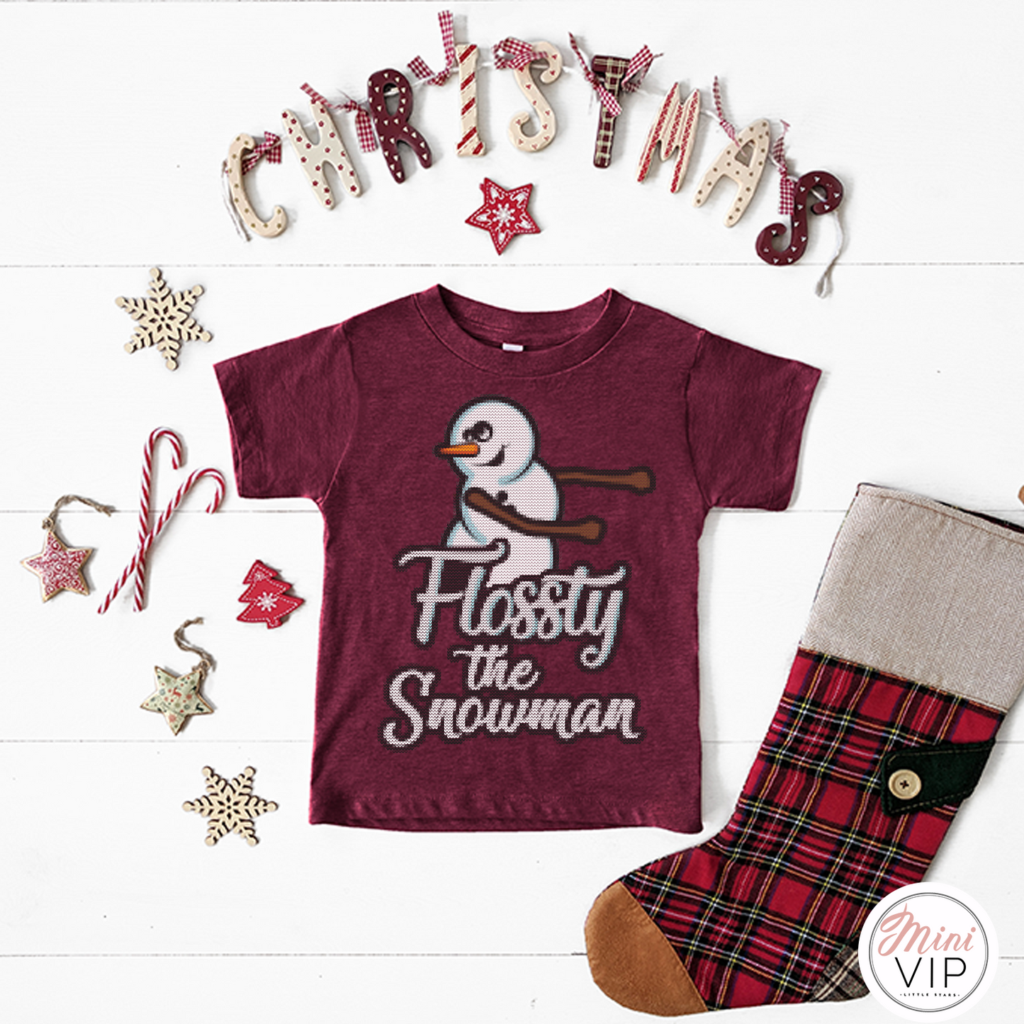 Flossty the Snowman burgundy kids festive t-shirt