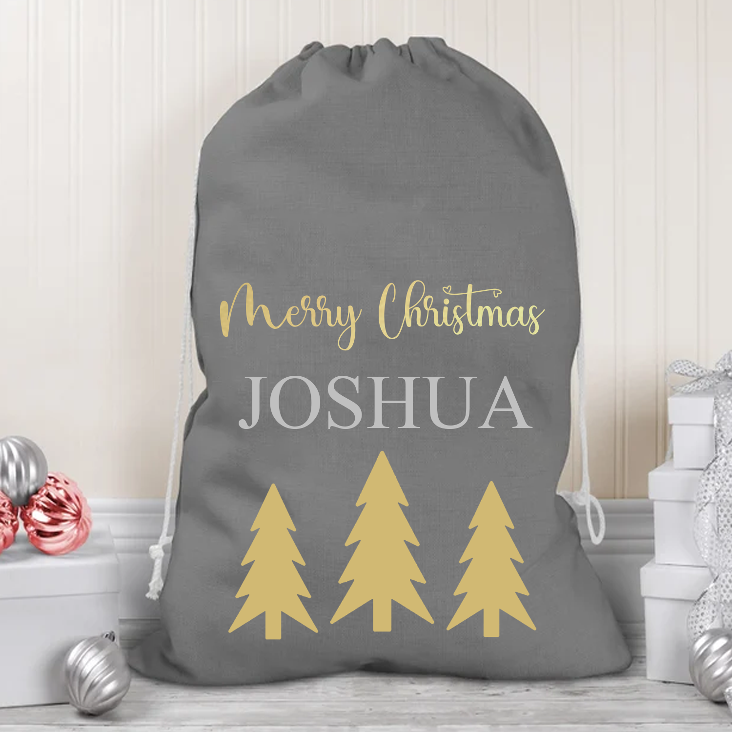 Grey Modern Design Personalised Cotton Santa Sack ShopMiniVIP