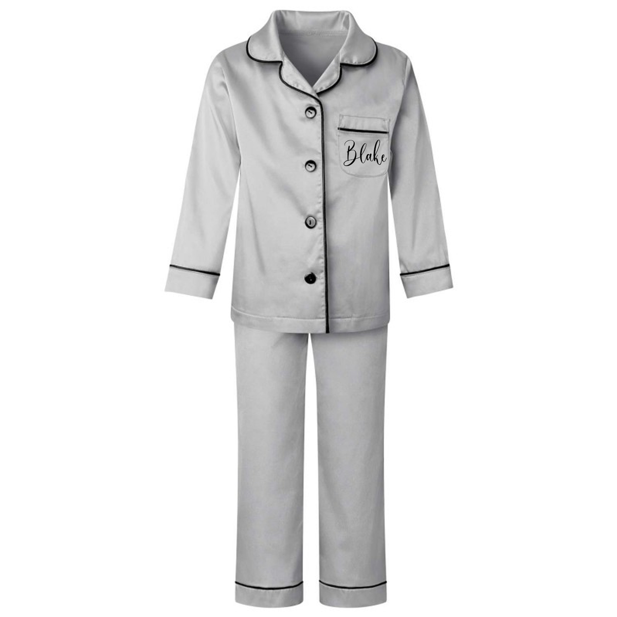 Personalised Kids Satin Pyjamas PJS - Grey