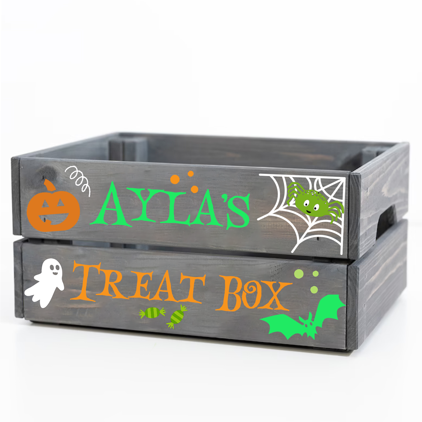 Personalised Halloween Grey Wooden Crate - perfect for Tricks & Treats!