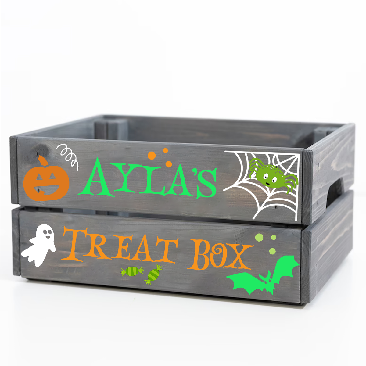 Personalised Halloween Grey Wooden Crate - perfect for Tricks &amp; Treats!