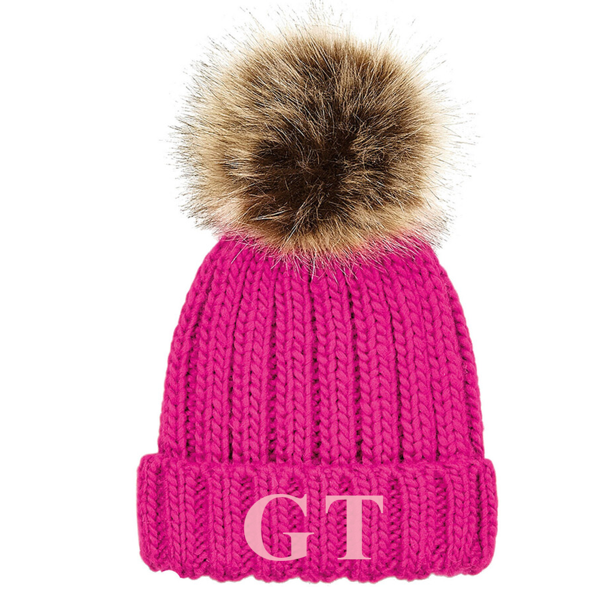 Fuchsia Embroidered Chunky Knit Beanie Hat - Infants, Junior & Adult sizes