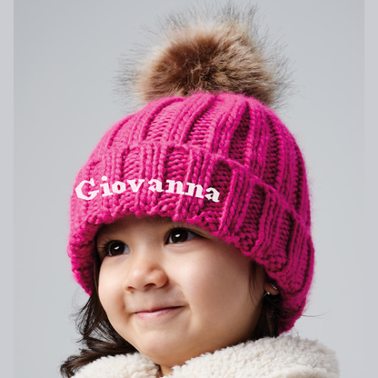 Fuchsia Embroidered Chunky Knit Beanie Hat - Infants, Junior & Adult sizes
