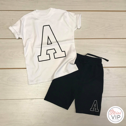 Collegiate Initial - Black Shorts & White T-Shirt Set