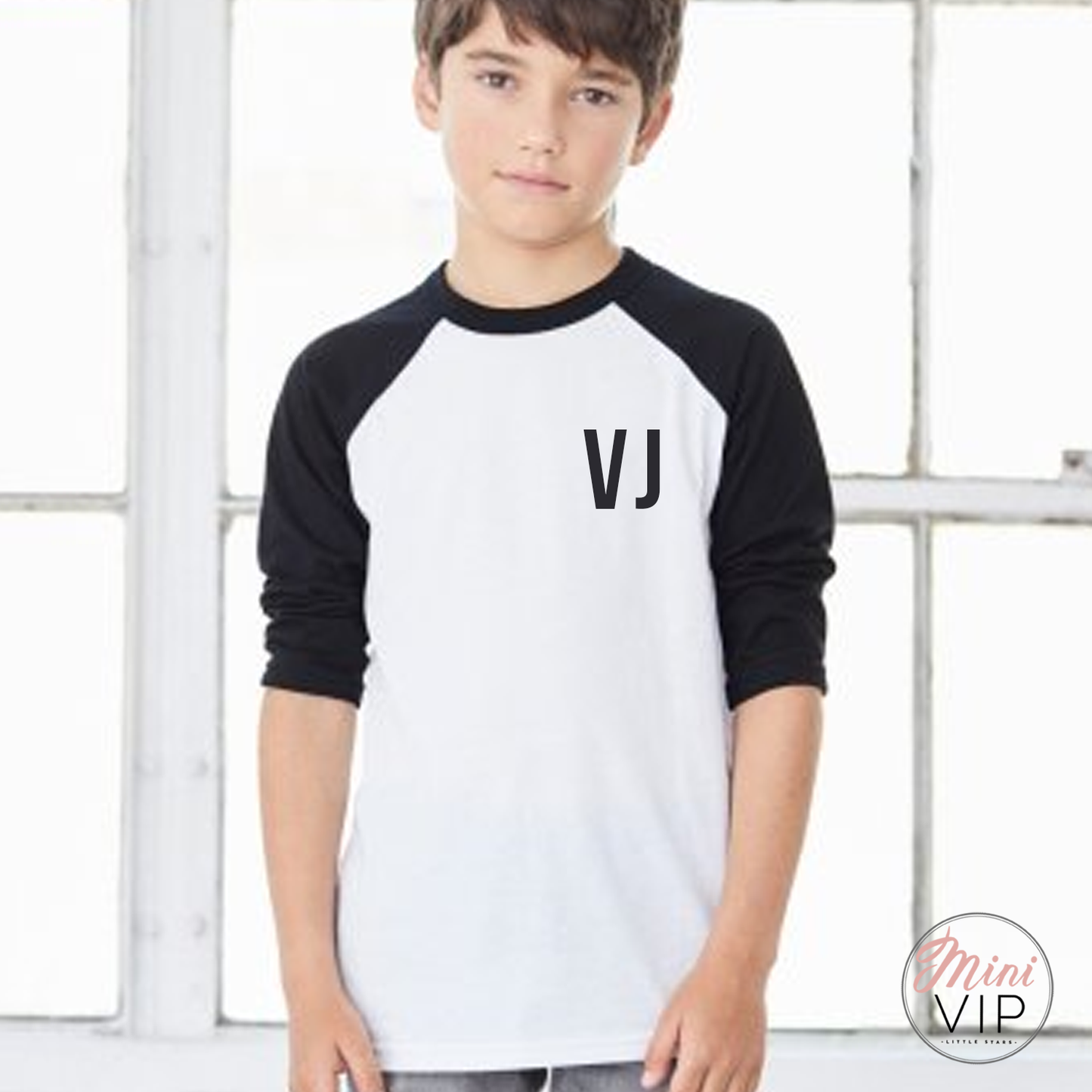 Boys Personalised Initials white/black baseball style t-shirt
