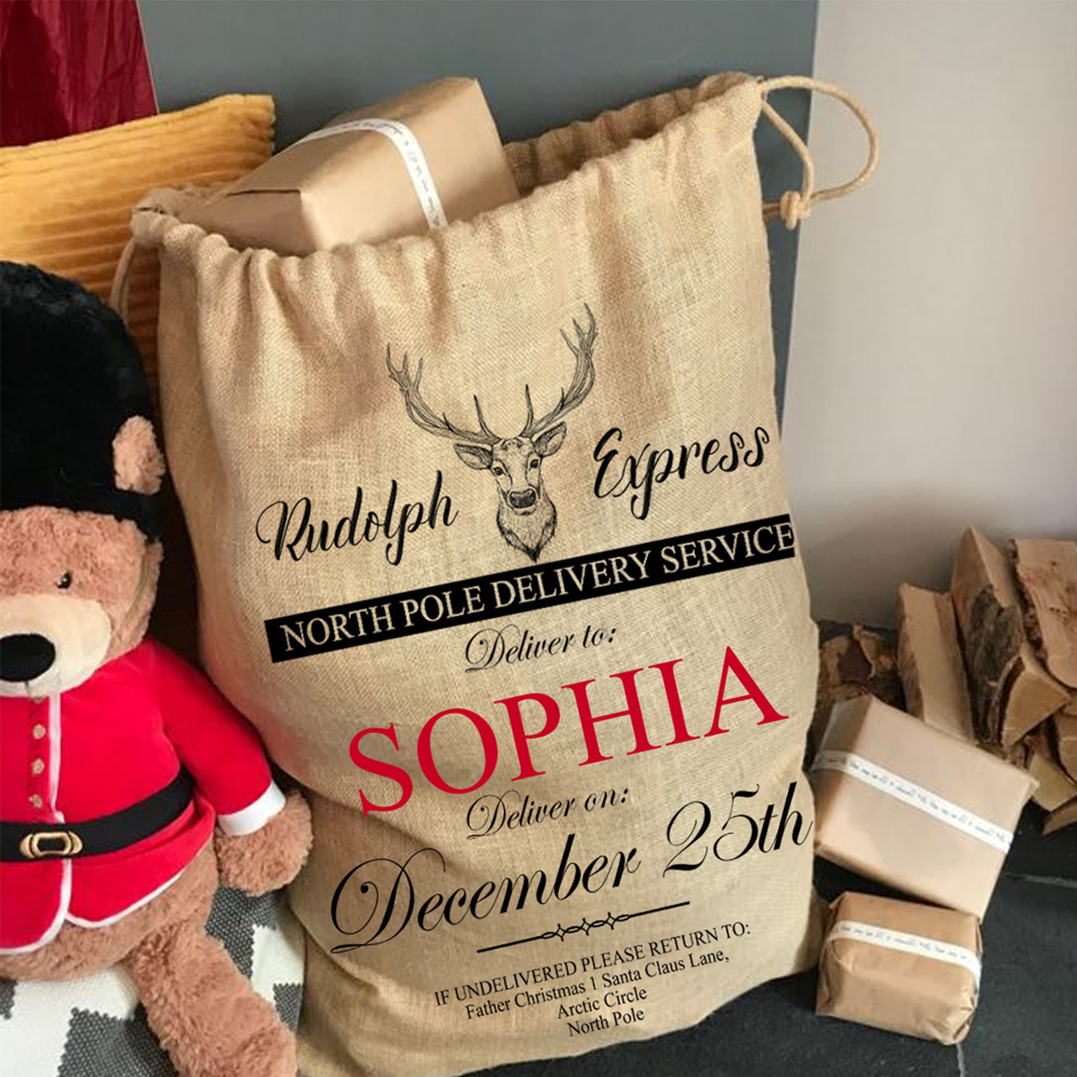 Traditional Rudolph Express Jute Hessian Santa Sack