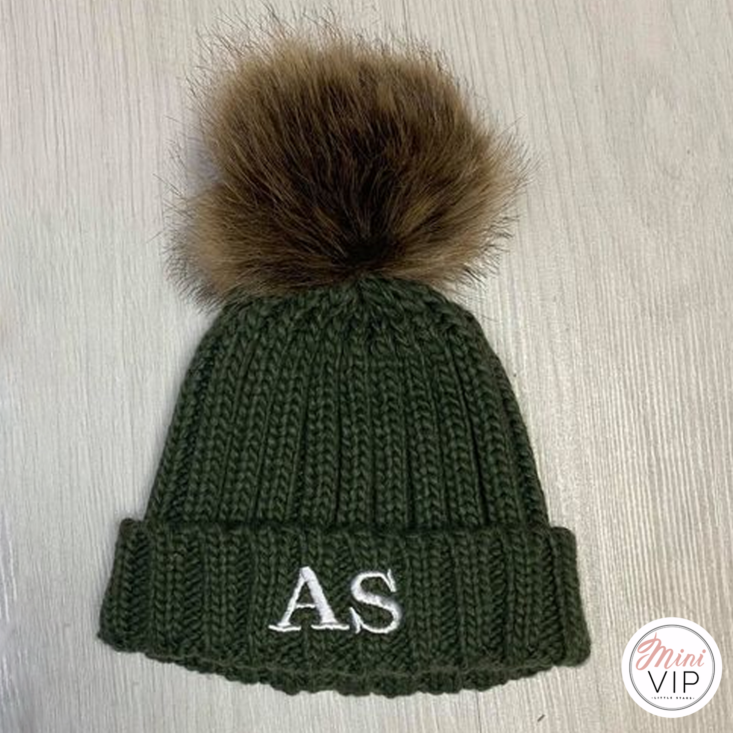 Khaki Embroidered Cable Knit Beanie Hat - Infants, Junior & Adult sizes