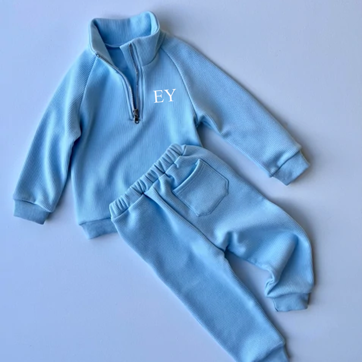 Embroidered Fleece Lined Baby Blue Ribbed Tracksuit