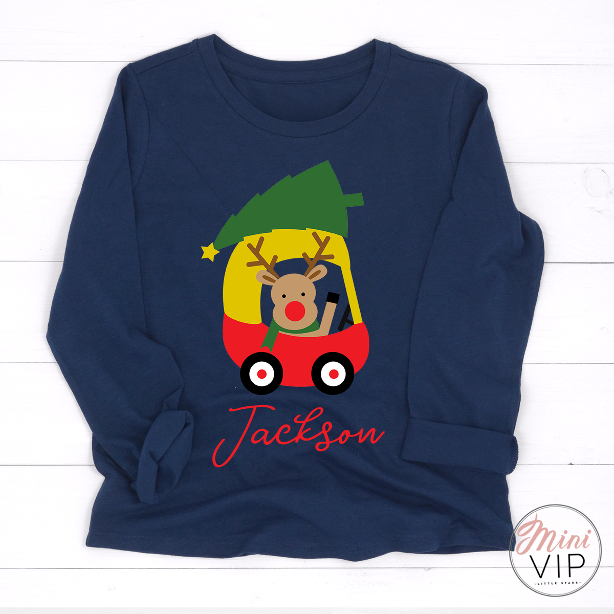 Personalised Reindeer driving a Coupe with Christmas Tree Navy Long Sleeve T-Shirt