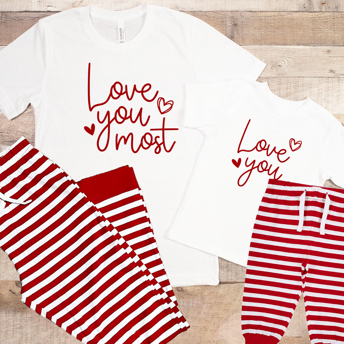 Love You, Love You More, Love You Most Red Striped Family Matching Valentine PJs