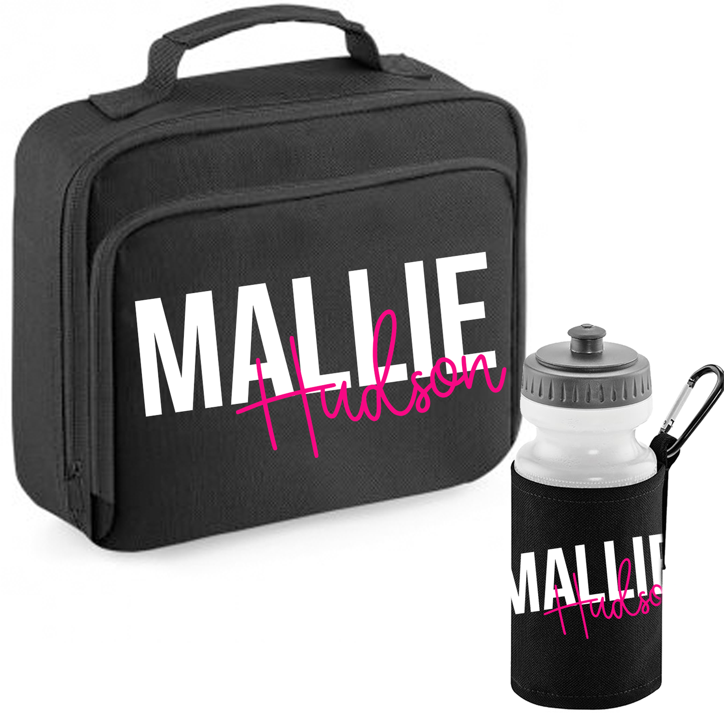 Personalised Black Lunch Box & Water Bottle Set - different colour options available.
