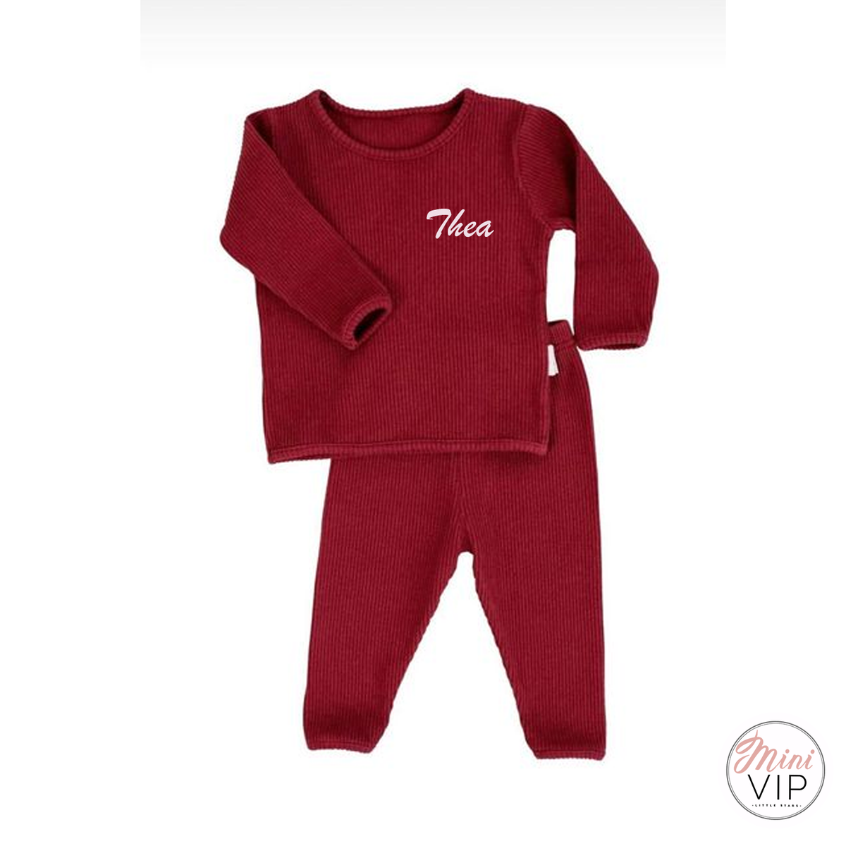 Embroidered Claret Red Ribbed Loungewear
