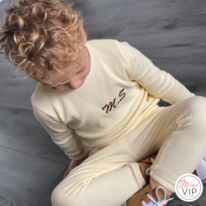 Embroidered Cream Ribbed Loungewear