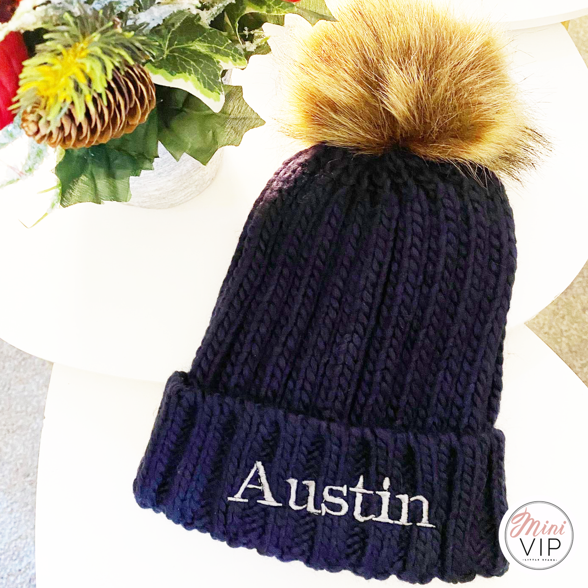 Navy Embroidered Knit Pom Pom Beanie Hat - Infants, Junior &amp; Adult sizes