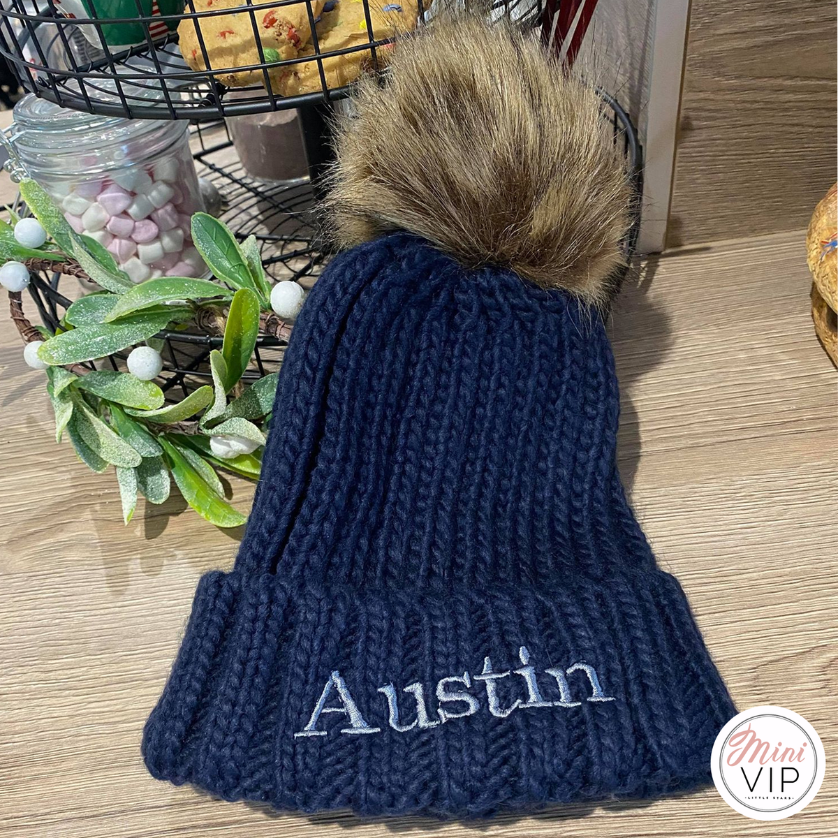 Navy Embroidered Knit Pom Pom Beanie Hat - Infants, Junior &amp; Adult sizes