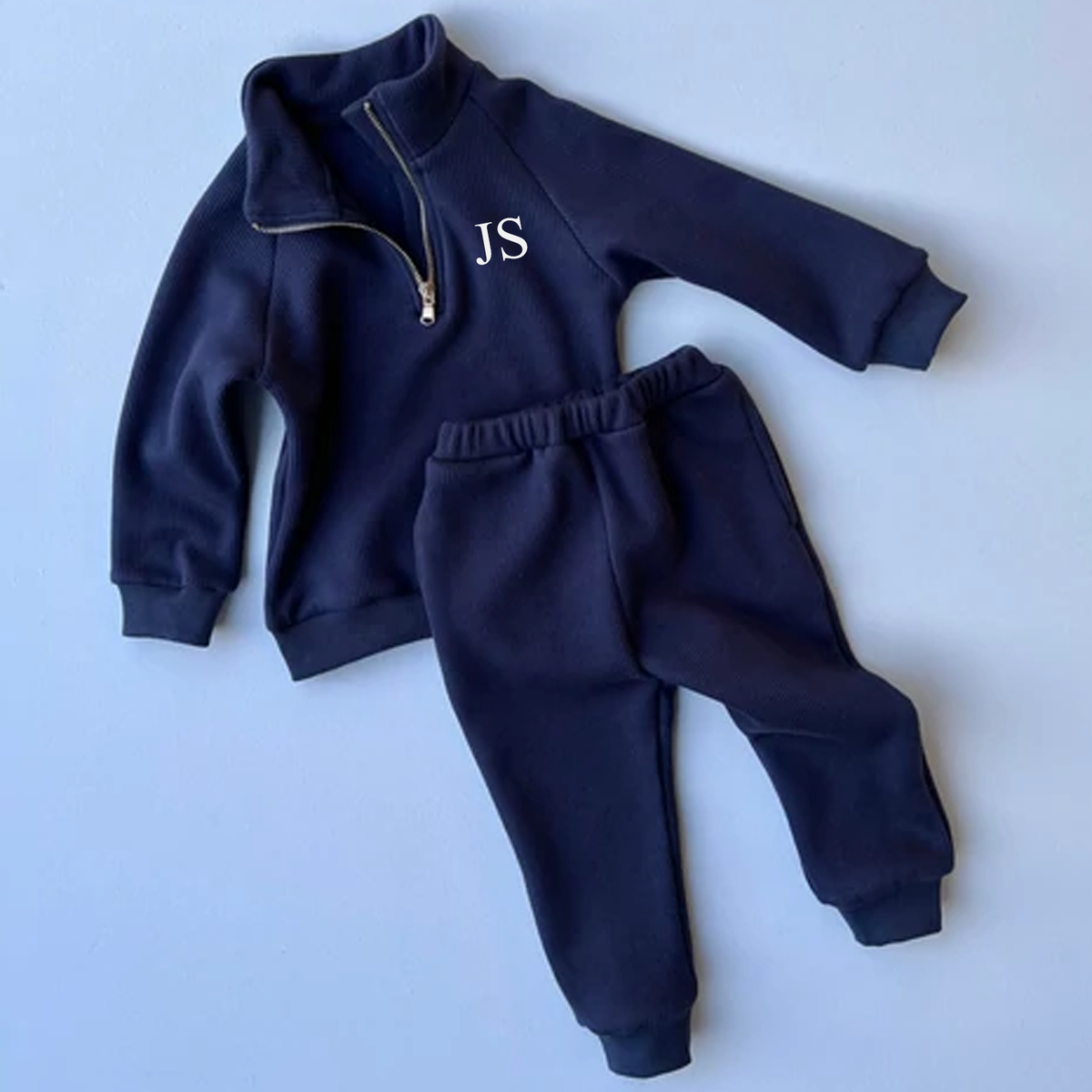 Embroidered Fleece Lined Navy Blue Ribbed Tracksuit