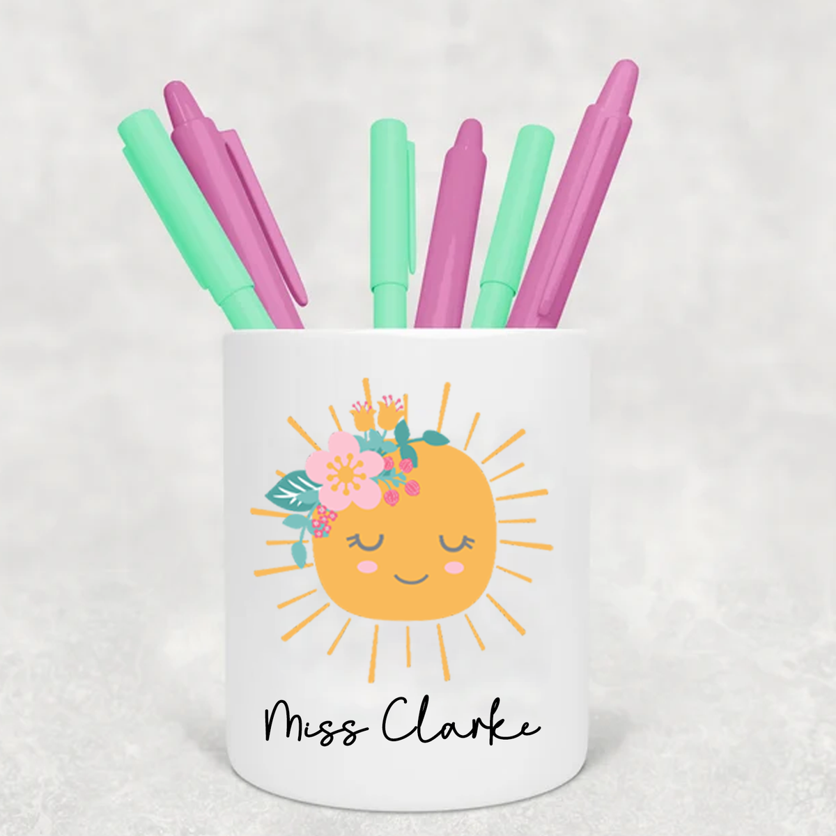 Personalised Sun Design Teacher Pencil/Pen Ceramic Pot