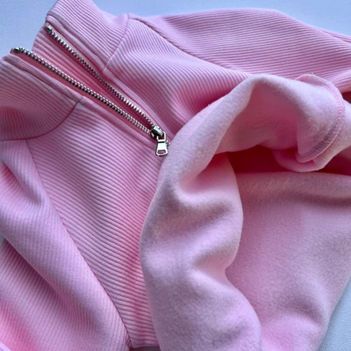 Embroidered Fleece Lined Baby Pink Ribbed Tracksuit