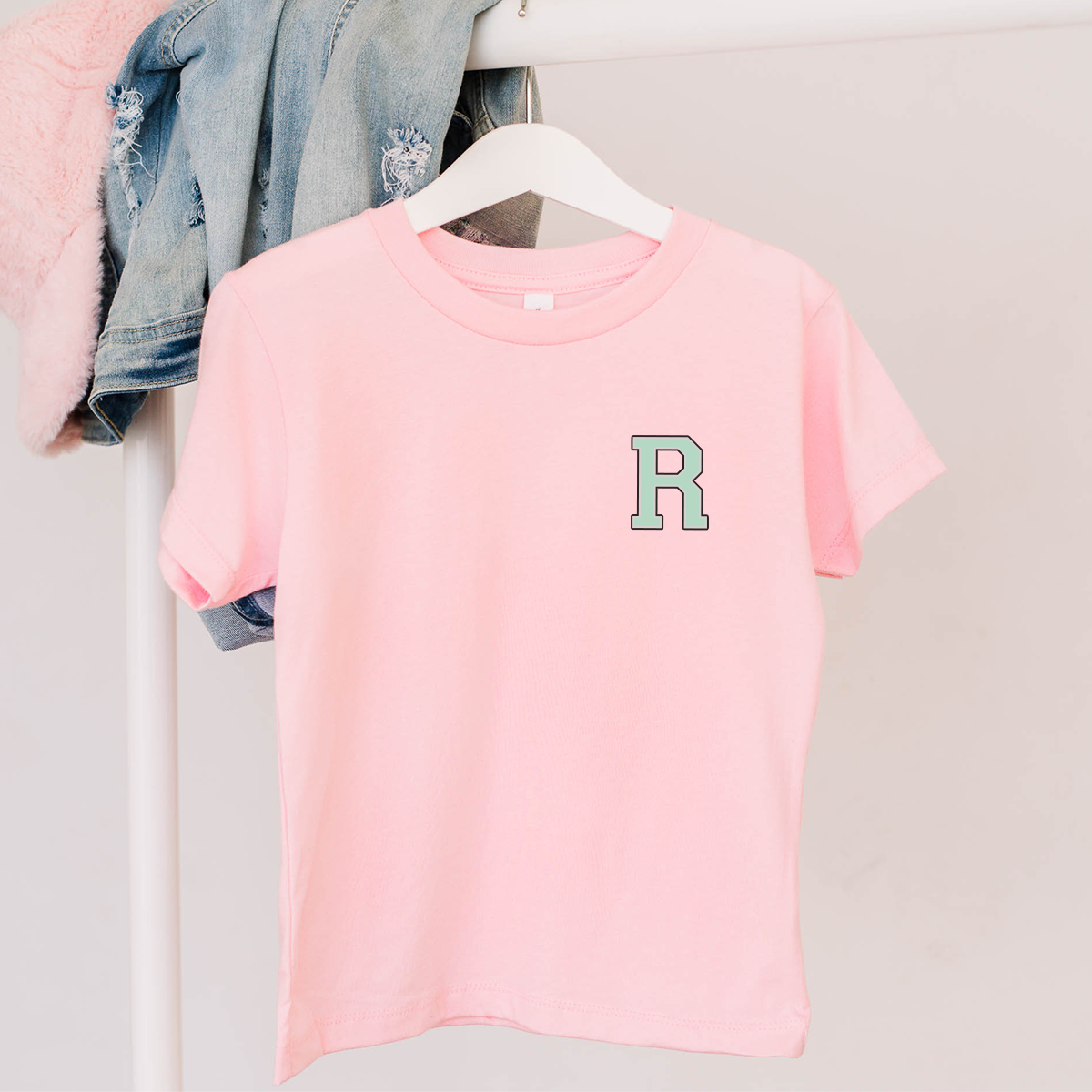 MiniVIP© Personalised Varisty Letters Baby Pink T-Shirt