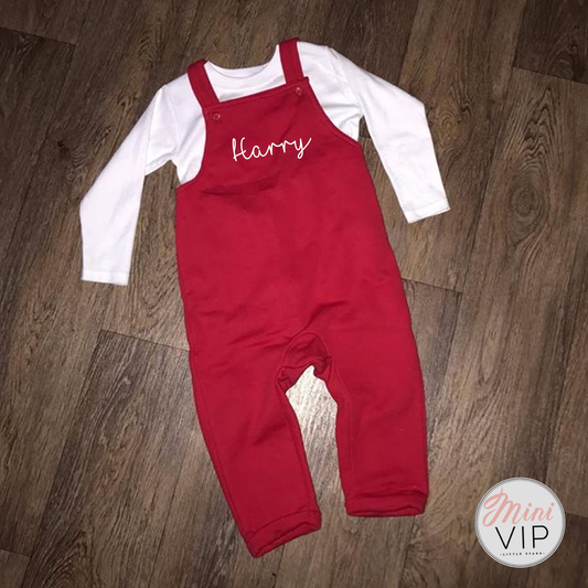Personalised Red Festive Dungarees and Long Sleeve t-shirt set