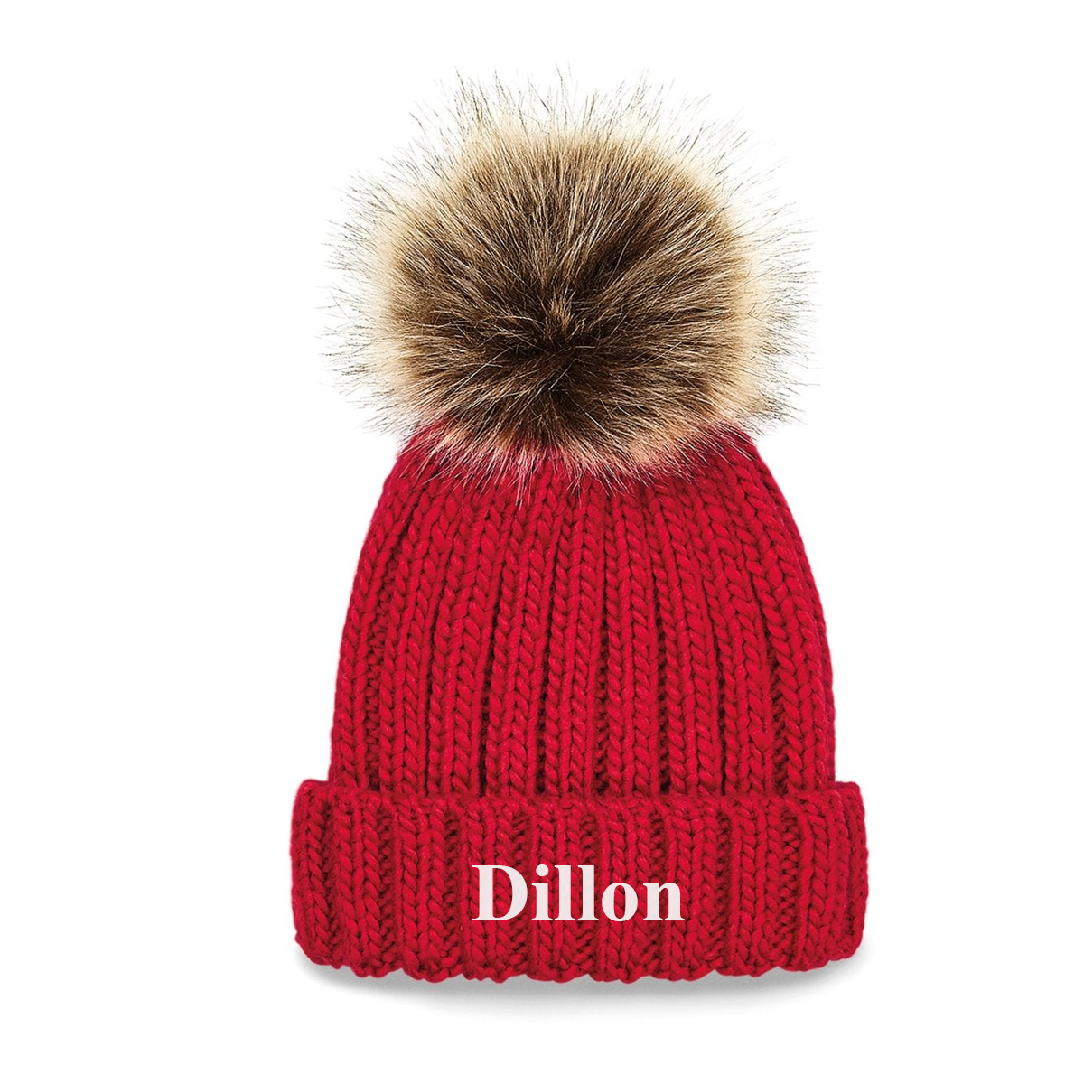 Red Embroidered Chunky Knit Beanie Hat - Infants, Junior & Adult sizes