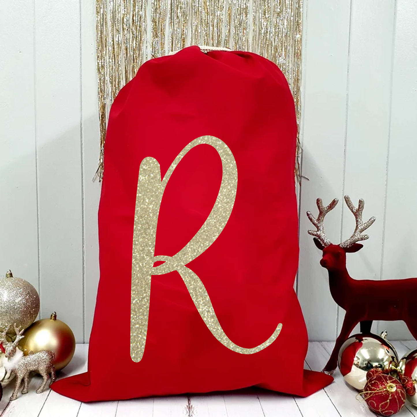Red Glitter Initial Personalised Cotton Santa Sack
