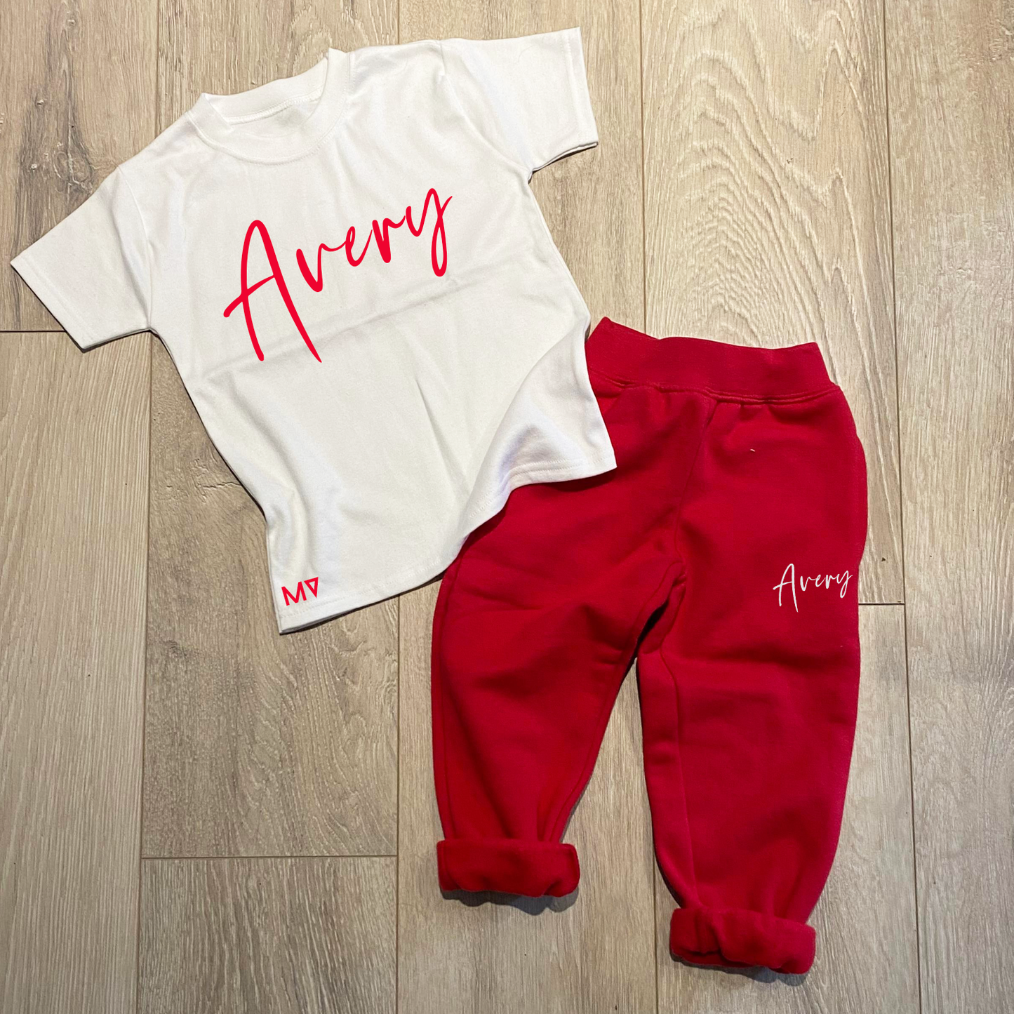 Red & White Script Name - Joggers & T-Shirt Set
