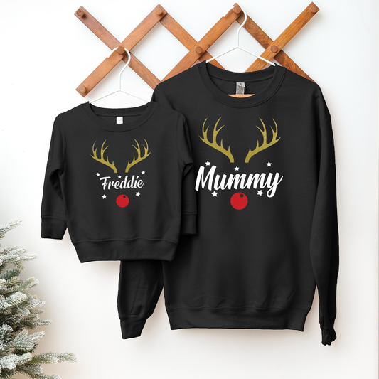 Personalised Matching Reindeer Christmas Black Sweatshirt