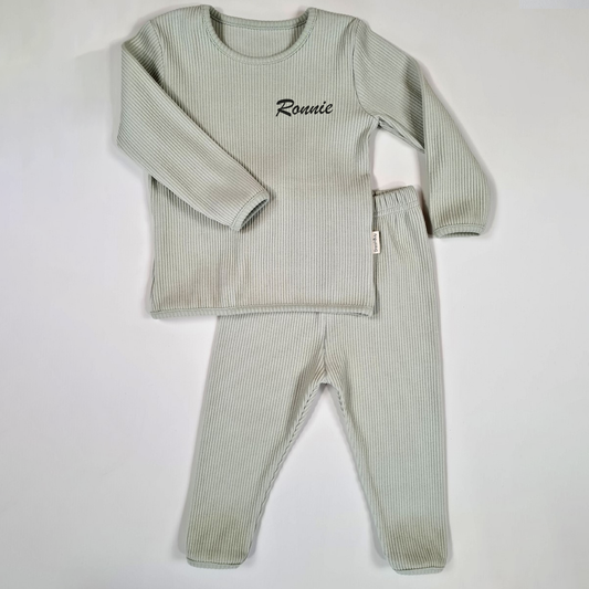 Embroidered Sage Green Ribbed Loungewear