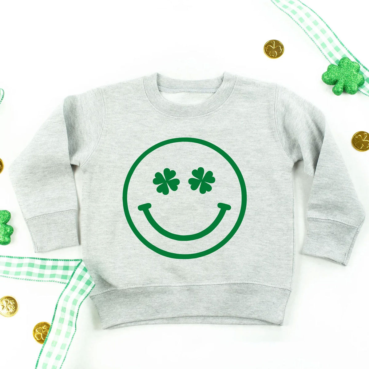 Shamrock Smiley Face Grey Sweatshirt - St Patrick&#39;s Day Kids &amp; Adults