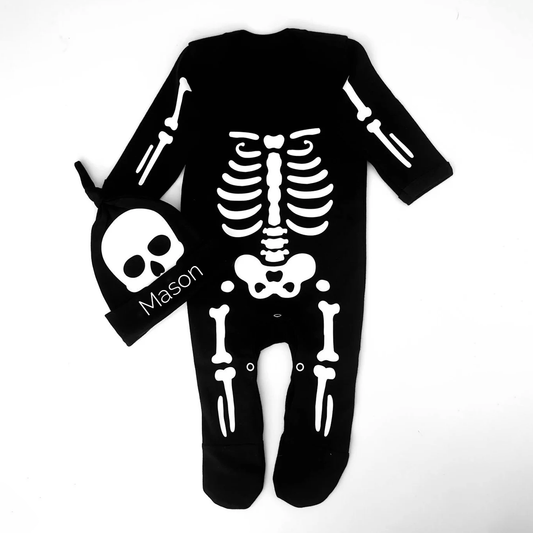 Halloween Personalised Skeleton Black Sleepsuit & Hat Costume Outfit