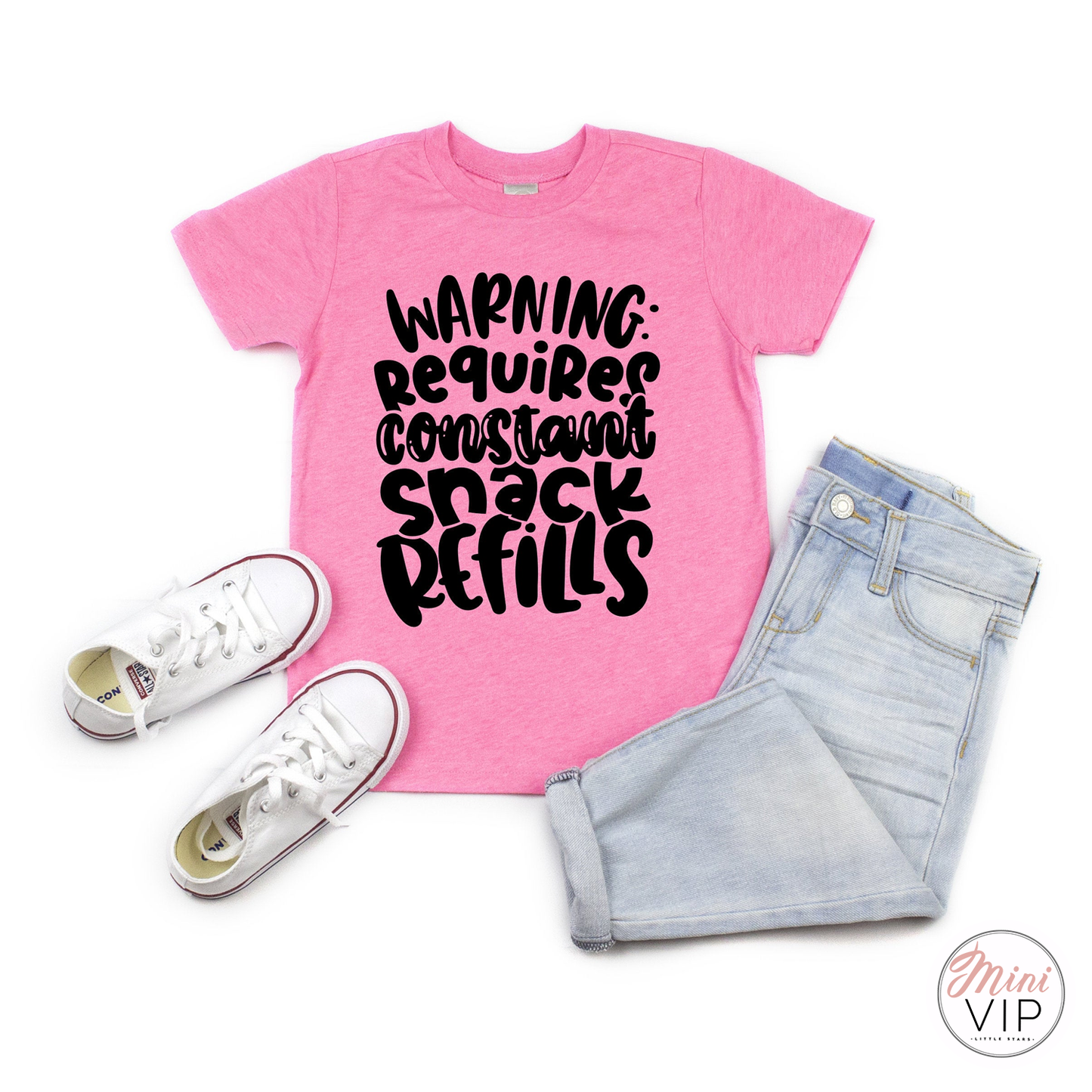 Warning Requires Constant Snack Refills Pink t-shirt