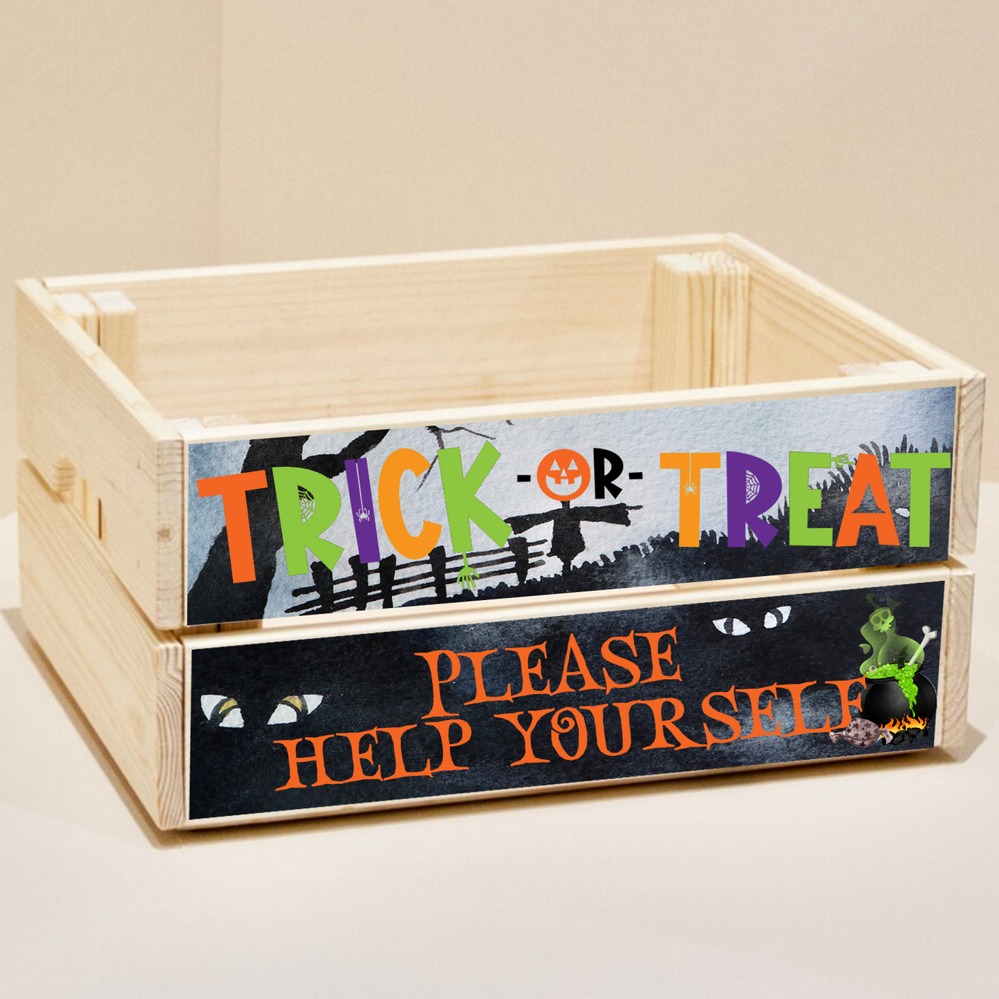 Halloween Trick or Treat Wooden Crate - Please Help Yourself Box