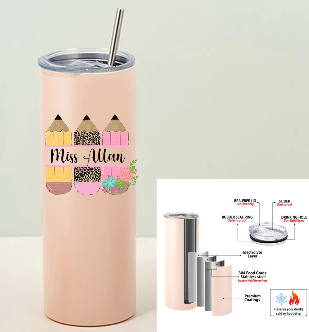 Personalised Teacher Double Walled Insulated Thermal Tumbler Cup w/ Metal Straw