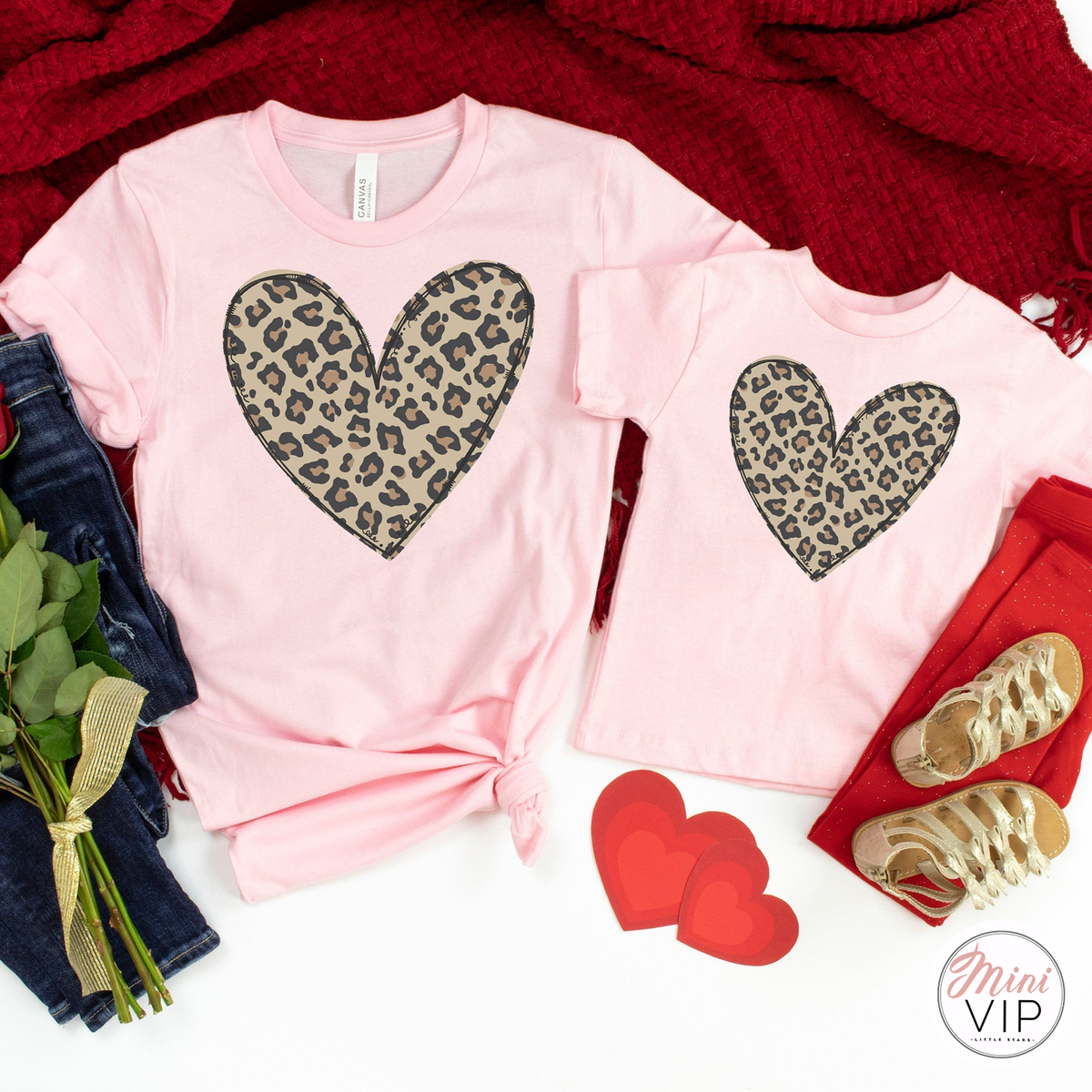 Leopard Print Heart Pink Twinning T-Shirts