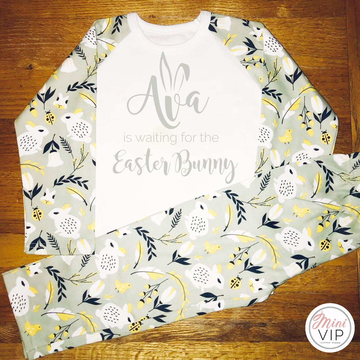 Personalised Grey &amp; Yellow Waiting for the Easter Bunny Print Pajamas