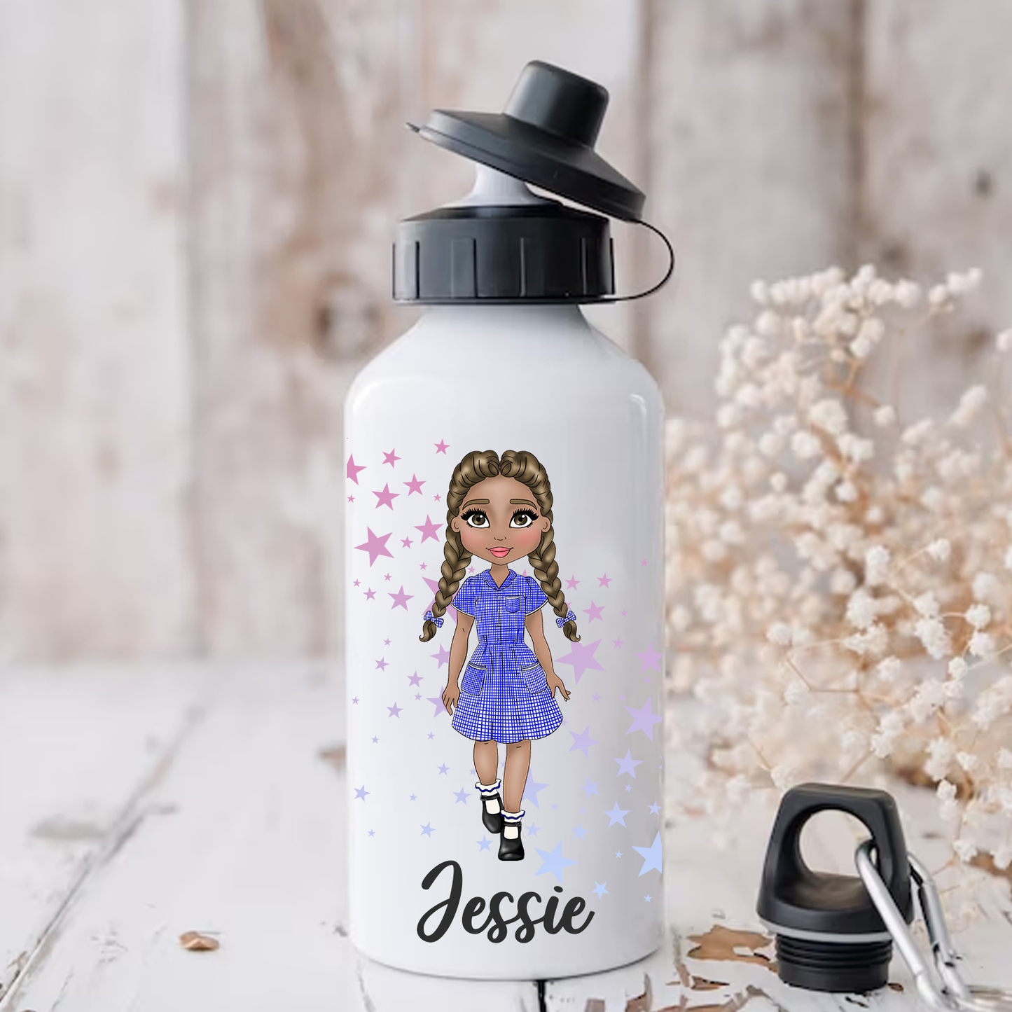 Personalised School Girl Character with Braids Sports Cap Water Bottle -500ml